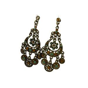 Chandelier Earrings Metal Mixed Stones 2" Dangle India Core Gold Tone Boho